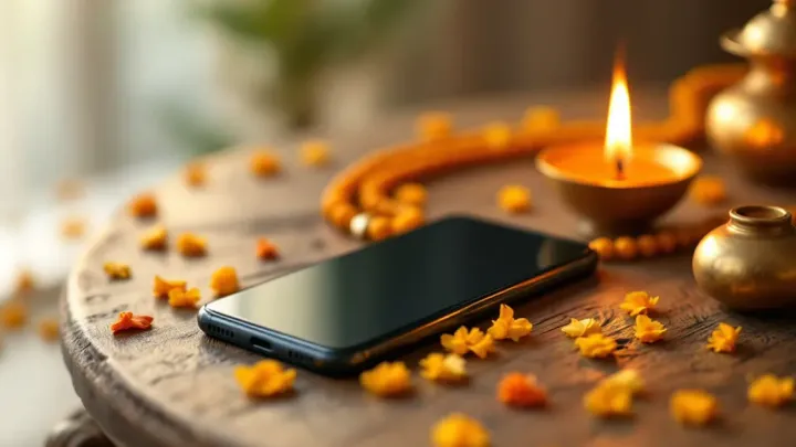 A smartphone on a carved wooden table beside a lit brass diya, a mala, small brass pots and scattered marigold petals in soft morning light.