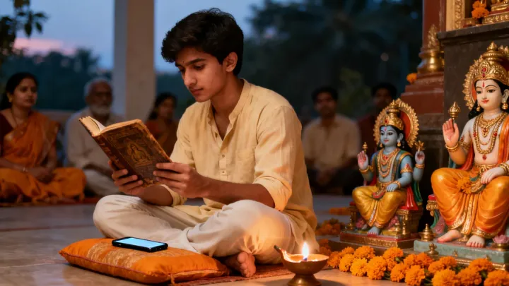 A young man sits cross-legged on the floor at dusk, reading an old scripture book by diya light with his smartphone resting on the cushion beside him, deity murtis nearby.