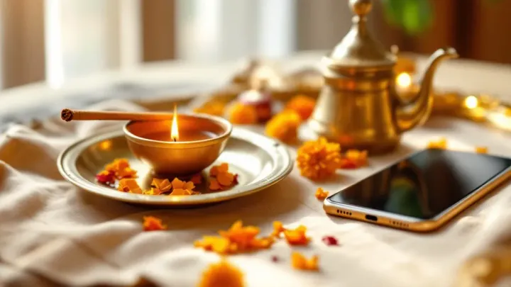 A brass puja thali with a lit diya, incense, flowers and a small bell arranged on a cream cloth, with a smartphone resting beside it.