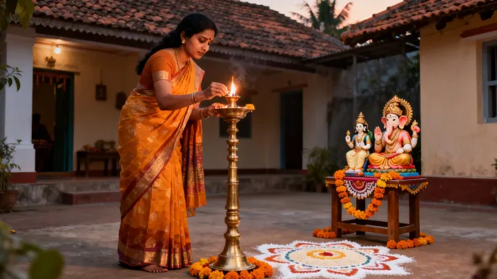 ಕರ್ನಾಟಕದ ಸಾಂಪ್ರದಾಯಿಕ ಮನೆಯ ಅಂಗಳದಲ್ಲಿ ಅಜ್ಜಿಯೊಬ್ಬರು ಸಾಲು ಸಾಲು ಮಣ್ಣಿನ ದೀಪಗಳನ್ನು ಹಚ್ಚುತ್ತಿದ್ದಾರೆ, ಹಿಂದೆ ರಂಗೋಲಿ ಮತ್ತು ಲಕ್ಷ್ಮೀ-ಗಣೇಶ ವಿಗ್ರಹಗಳಿವೆ.