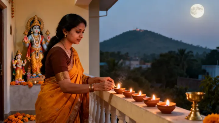 A woman in a saffron saree lights a row of clay oil lamps along a home balcony at dusk, with small deity murtis beside her and a hill silhouette under a full moon in the distance.