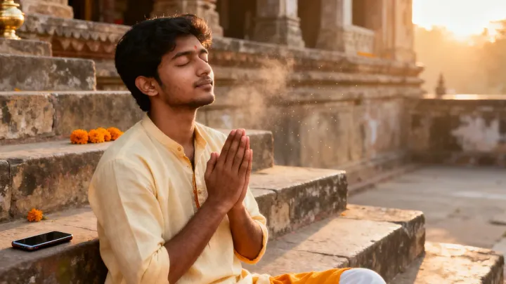 A young man sits on old stone temple steps at sunrise, eyes closed and hands folded in prayer, with his smartphone resting on the step beside him.