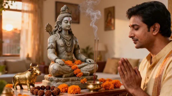 A man in a cream kurta prays with folded hands before a stone Shiva murti garlanded with marigolds, a small brass Nandi bull and rudraksha beads on the altar, incense smoke rising at sunset.