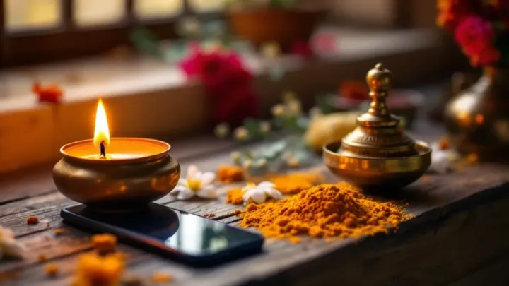 A traditional South Indian home altar at dawn with a lit brass diya, jasmine flowers and turmeric, a small bronze bell and a smartphone resting beside them.