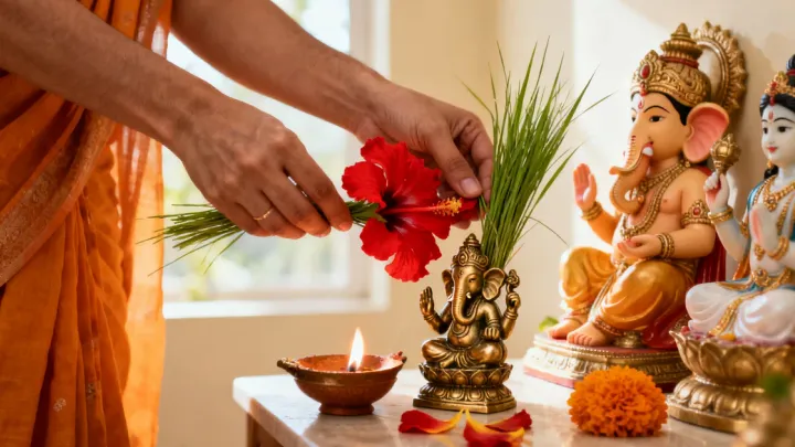 A devotee's hands offer a red hibiscus flower and durva grass to a small brass Ganesha murti on a home altar, with a lit diya and marigold petals beside it.