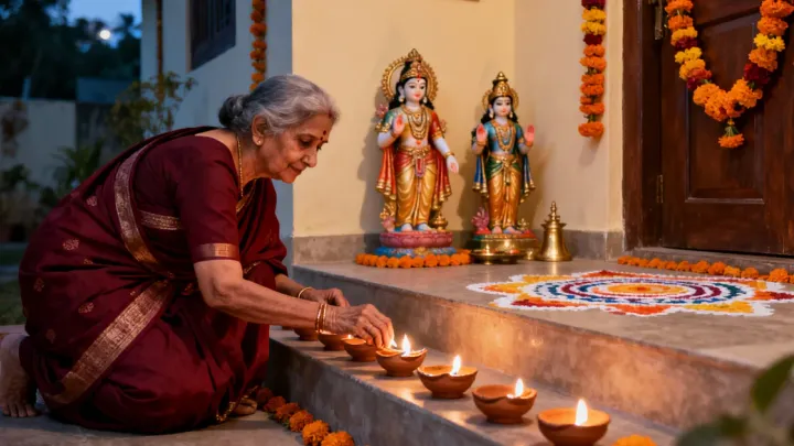 एक दादी शाम के समय घर की सीढ़ियों पर मिट्टी के दीये जला रही हैं, पीछे लक्ष्मी-नारायण की मूर्तियां, रंगोली और गेंदे के फूलों की सजावट है।