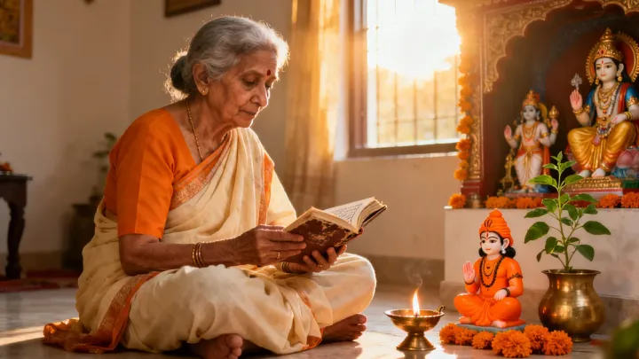 सुबह के समय एक बुज़ुर्ग महिला घर के मंदिर में हनुमान जी की मूर्ति के सामने बैठकर, हाथ में चालीसा की किताब लिए पाठ कर रही हैं, पास में दीया जल रहा है और माला रखी है।