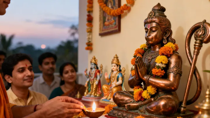 A bronze Hanuman murti with folded hands and a flowing mace, garlanded with marigolds and lit by a diya in a home altar at dusk.
