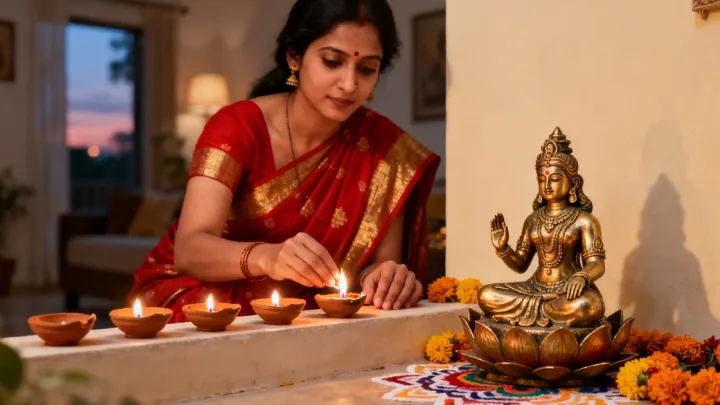A woman in a red and gold saree lights a row of diyas before a small brass Lakshmi murti on a marigold-decorated home altar at dusk.