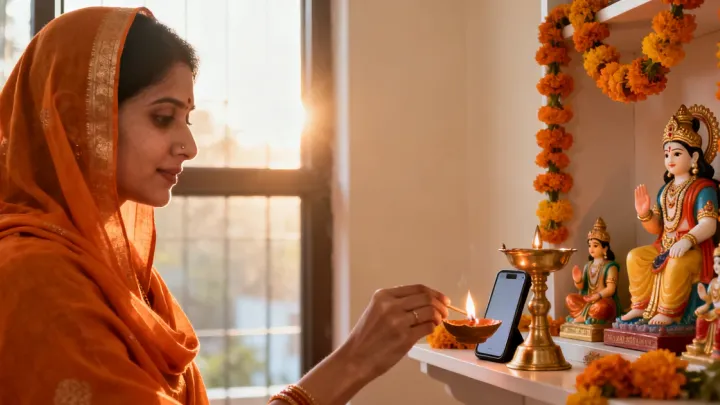 A woman in a saffron dupatta lights a diya at a home altar with marigold garlands and small deity murtis, her smartphone propped beside the lamp in morning sunlight.